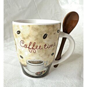 Trisa “Coffee Time” Coffee Mug Cup w/ Spoon Coffee Beans Clock 12 oz 4” Tall